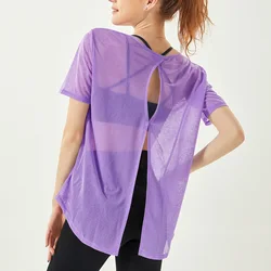 Supply Summer Sports Smock Translucent Gauze Loose Women Sport T-Shirt Unique Fitness Yoga Wear Sexy Running Wear