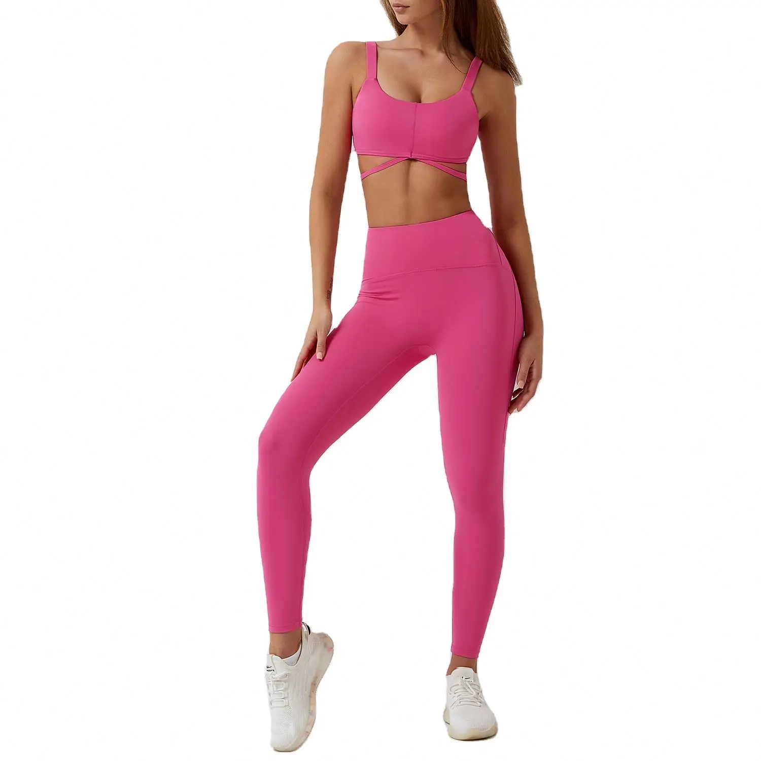 ECBC New Arrival Super Soft Sexy Strap Sports Bra High Waist Yoga Pants 2 Pieces Set for Women