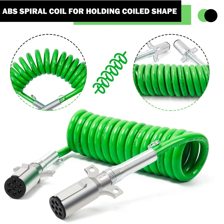 7 Way Coiled Trailer Cord 15 Ft Green Abs Electrical Power Coil Heavy