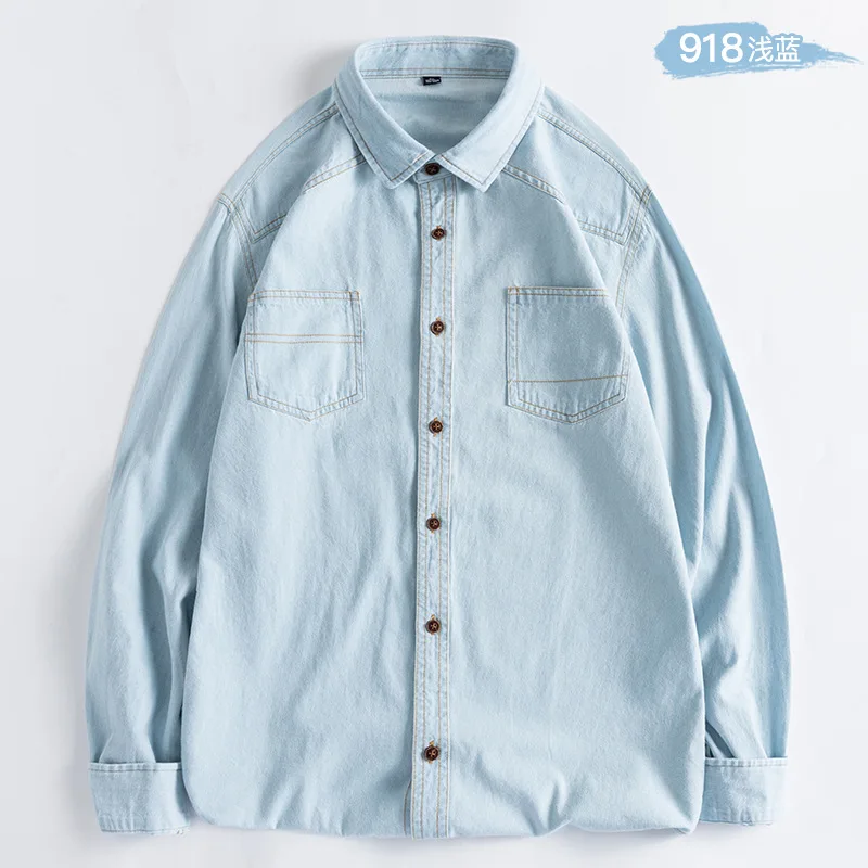 Denim Shirts Men Casual Light Wash Long Sleeve Denim Jeans Shirt manufacture