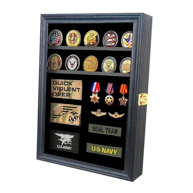 Medals Display Case - Military Challenge Coin Display Shadow Box  Cabinet with Removable Shelves and felt Background for Badges