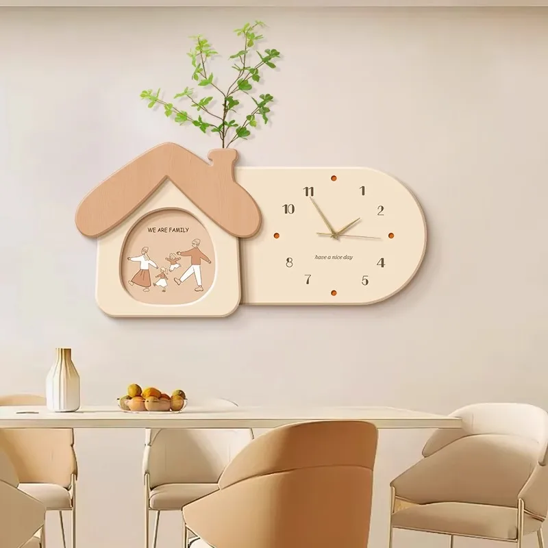 Wooden Family Wall Clock House Shaped Silent Non Ticking With Plant Vase Minimalist Beige Home Decor Living Room Kitchen
