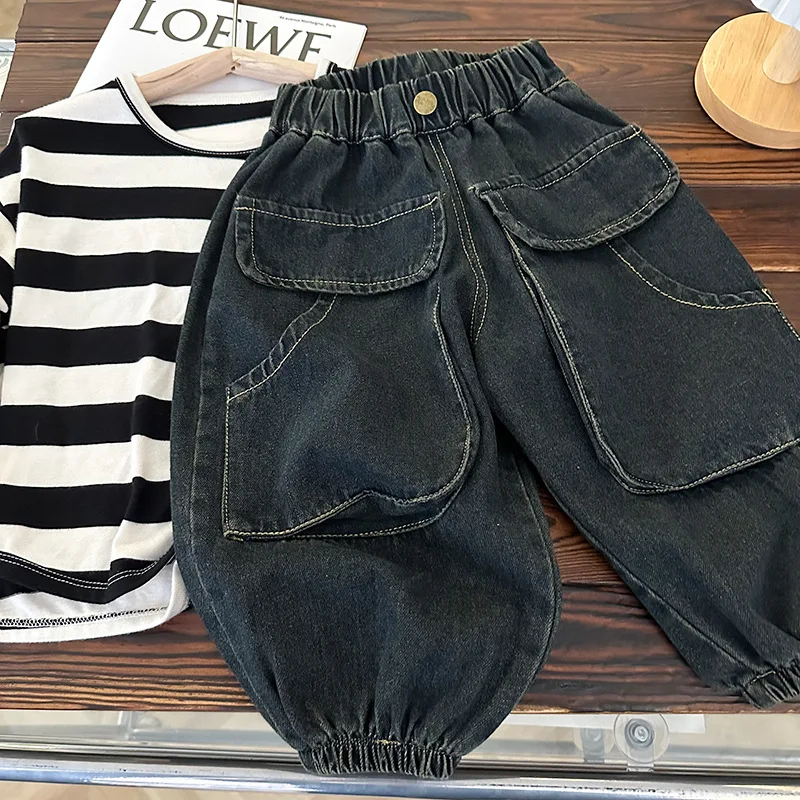 Children's Jeans Boy's Child Labor Pants Autumn Wear 2023 New Vintage Pockets Baby Casual Trousers Trend
