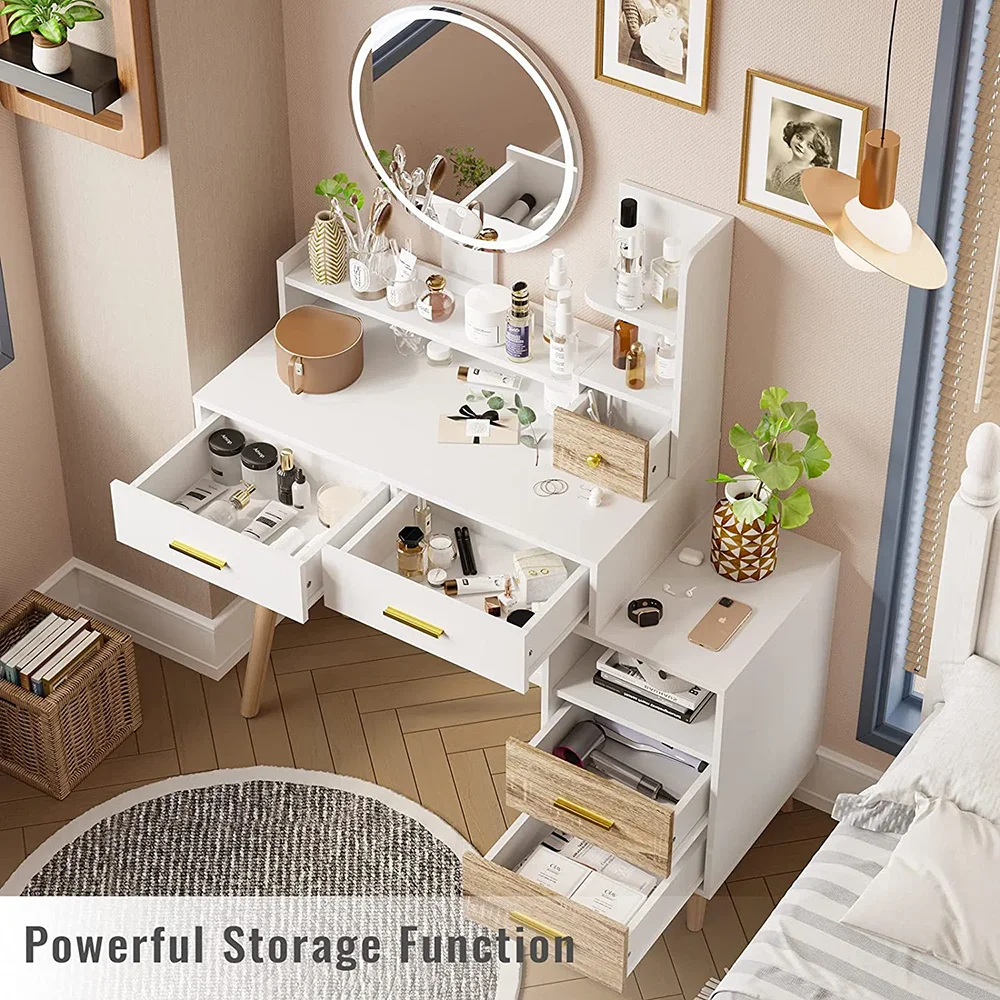 Modern Luxury Dressing Table Vanity with Smart Lighted Mirror Wood Panel for Bedroom Usage Smart Storage Makeup Vanity manufacture