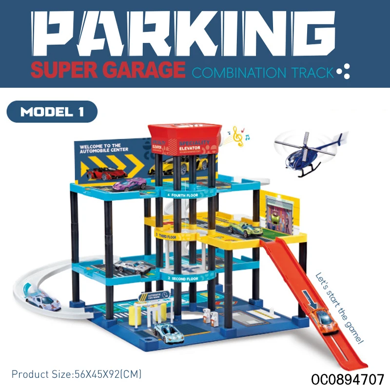 4 layers kids road track construction rail parking lot toys with 4pcs sliding alloy cars plane