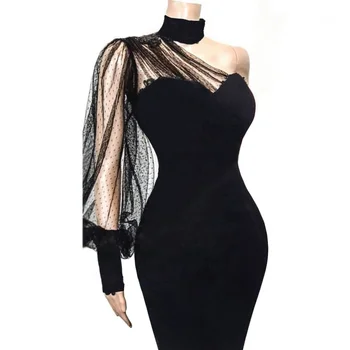 KEN-66761 Wholesale women black dress one shoulder polka dots mesh dresses bodycon modest dress 2XL