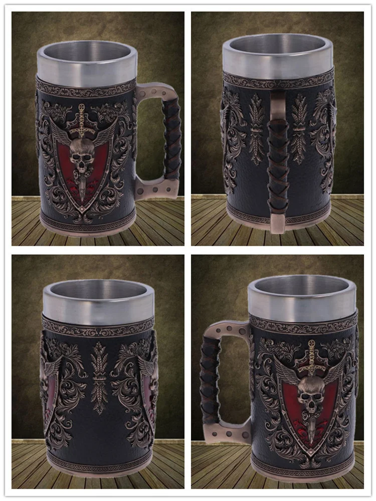 Creative Large Capacity Retro Medieval Beer Mug Double Wall Insulated 3D Resin Stainless Steel Beer Mug