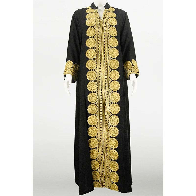 Hot-Selling Women's Black Embroidered Lace Abaya Dress Elegant Retro Vintage Design for Summer Vacation Breathable Feature factory