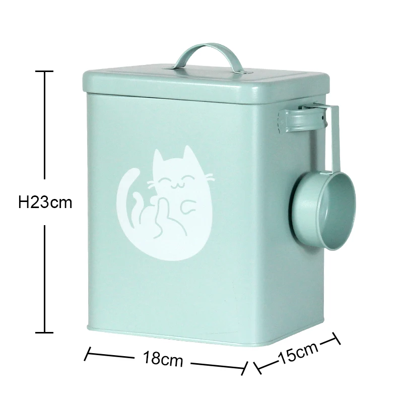 Airtight Dog Treat Storage Tin with Scoop High Quality Galvanized Iron Metal Food Packaging Rectangle Stocked Pet Food Container