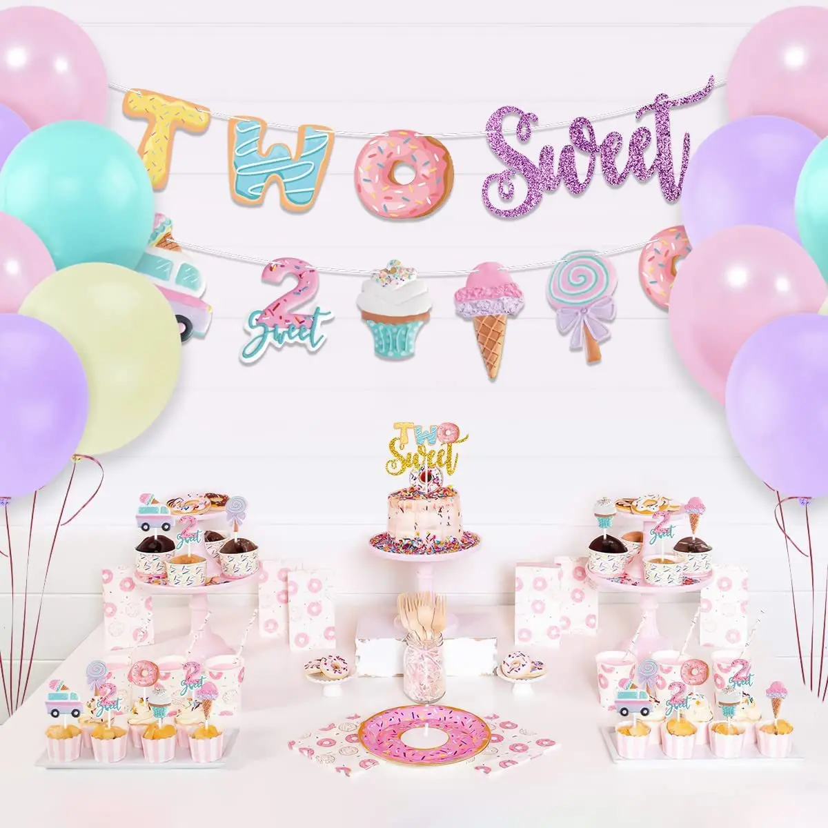 Two Sweet Baby Second Birthday Party Ice Cream Theme Decorations Macaron Balloons Banner Cupcake Toppers