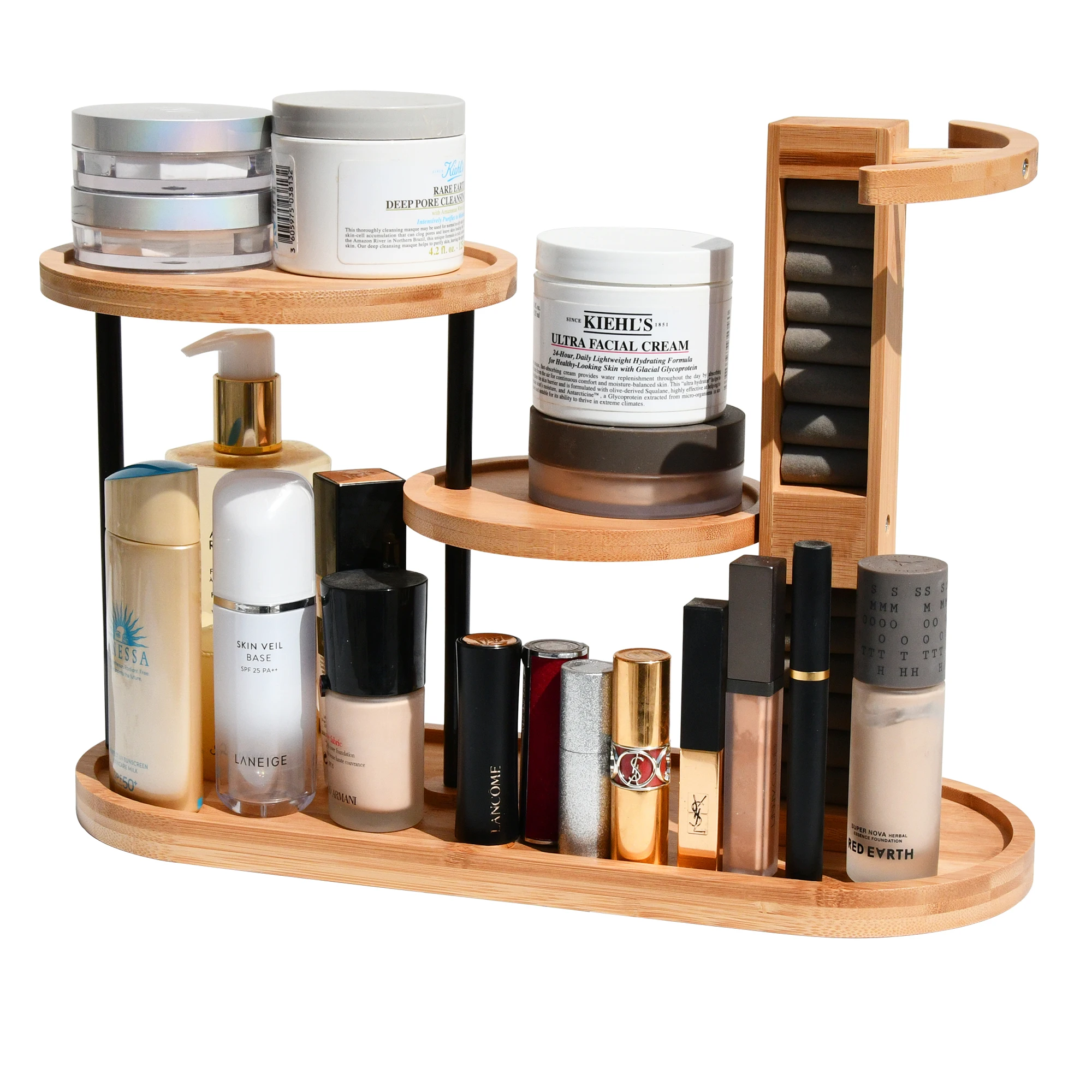 Bamboo Jewelry Organizer Stand Hanging Holder 3-Tier Tray With Earring Tower