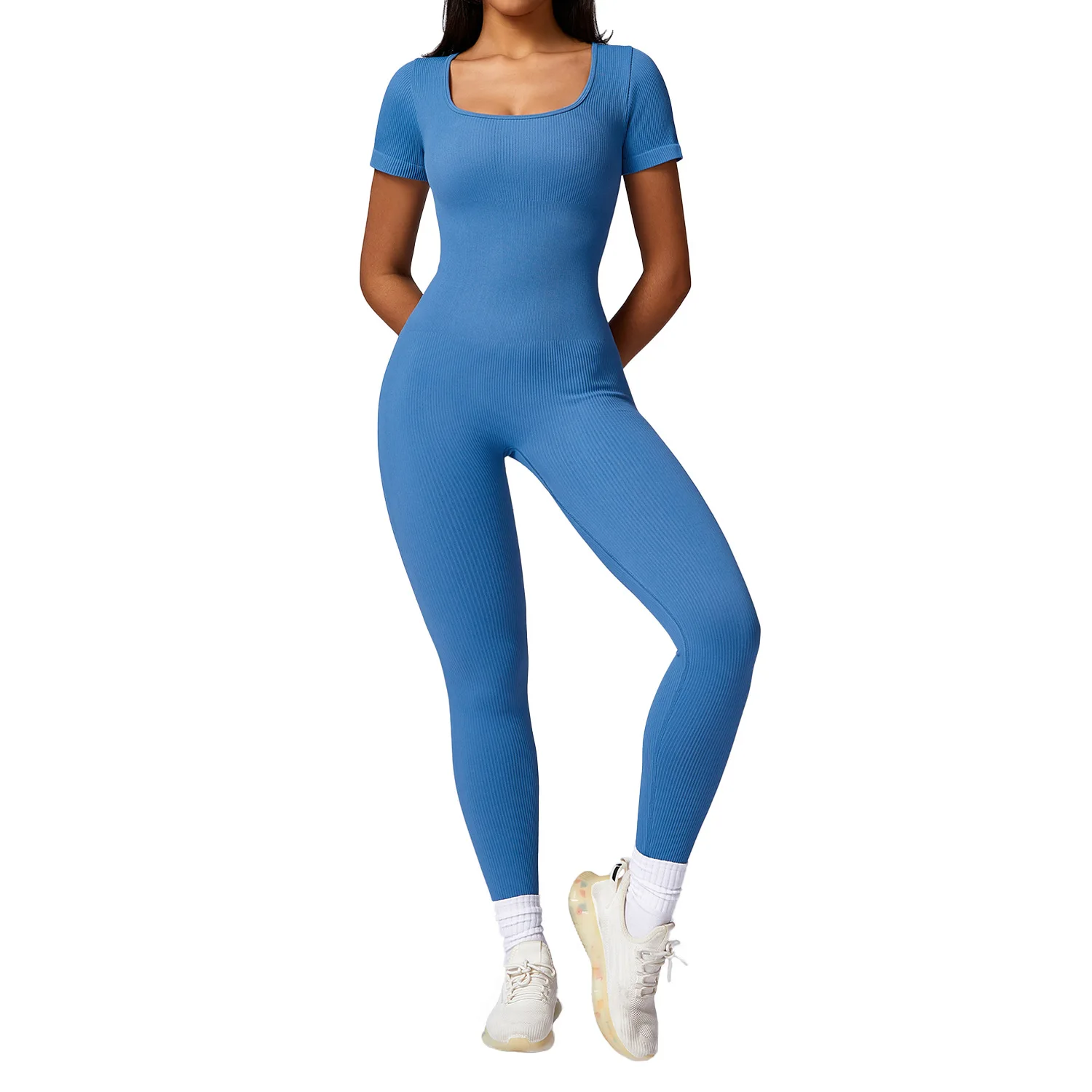 Active Sports Workout Clothing Gym Sportswear Women One Piece Yoga Romper Zipper Short Sleeve Fitness Jumpsuit