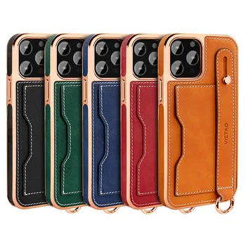 Luxury Wrist Strap Kickstand Phone Case With Card Slot Armband Stand Holder for iPhone 13 Crossbody Cell Phone Leather Case