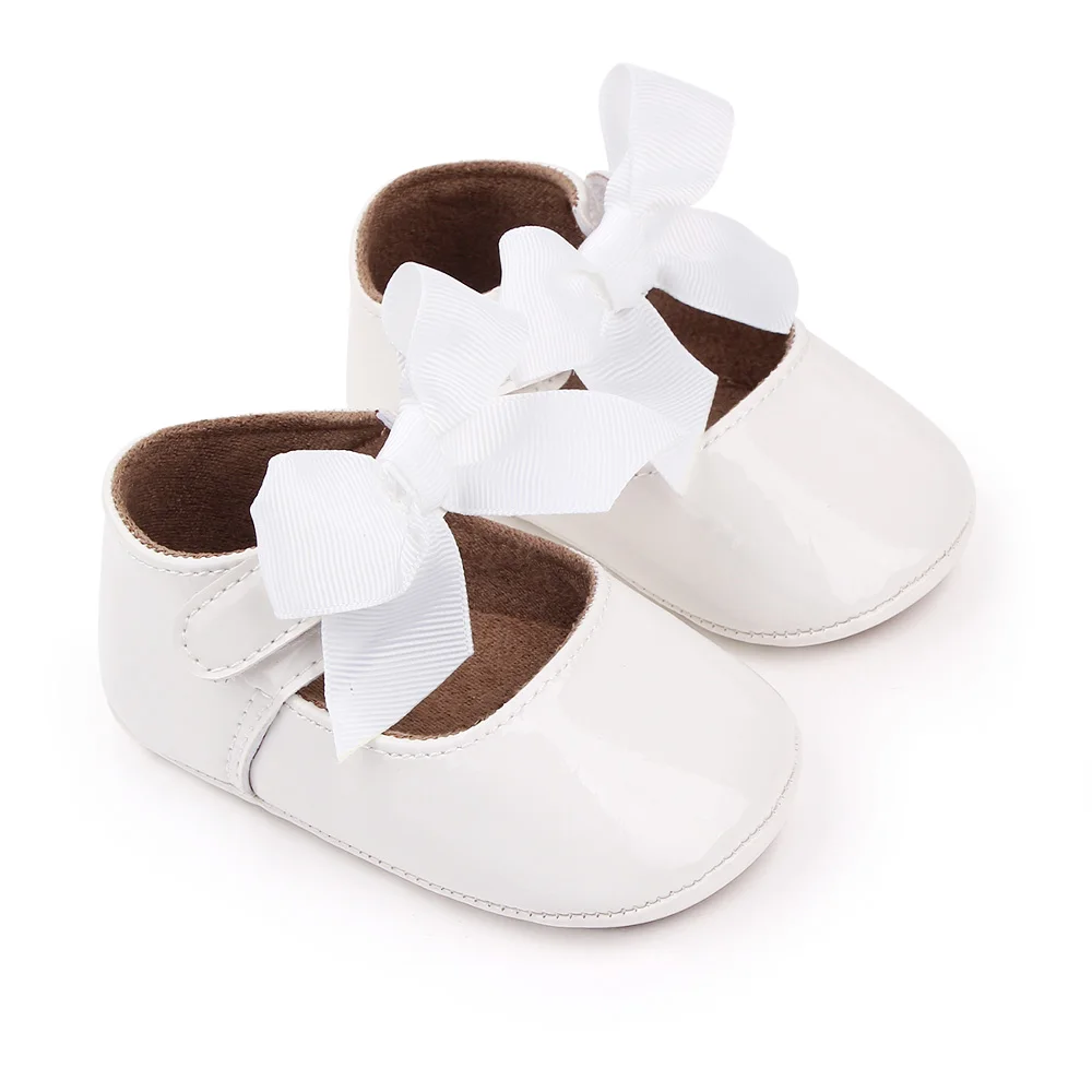 Solid Color PU Leather Top Big Bow Baby Girls Princess Soft Soled Non-slip Toddler Shoes supplier