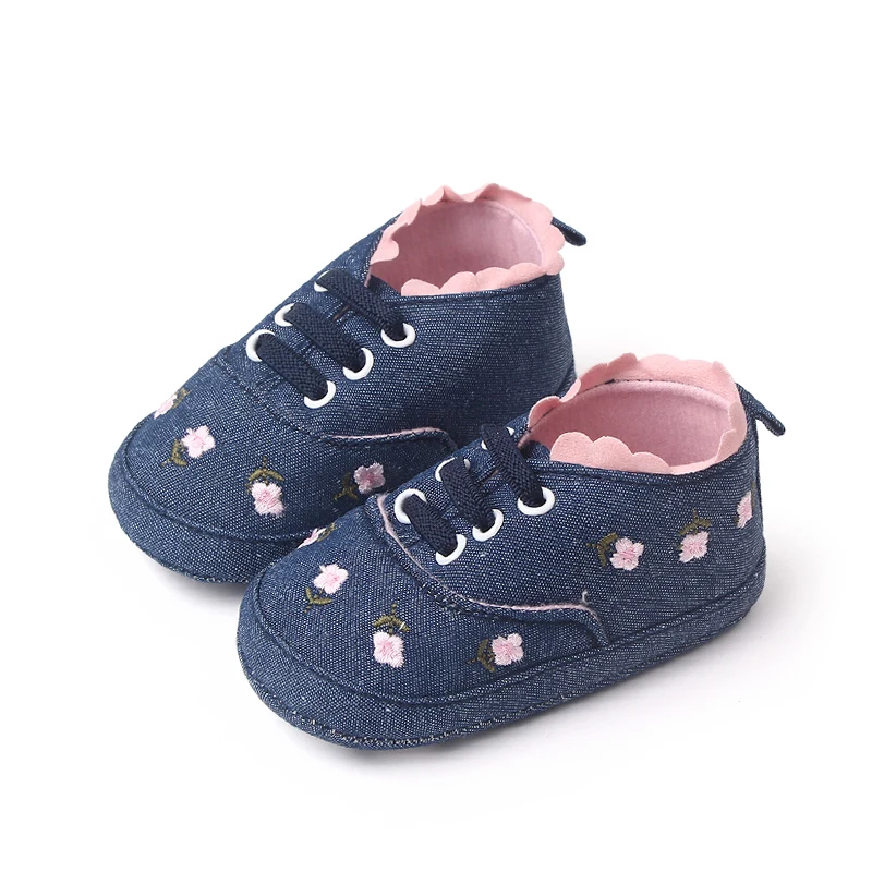 New Spring and Autumn Pure Color Denim Embroidered Flower Front Lace-up Cute Fashion Infant Princess Toddler Shoes for Baby Girl supplier