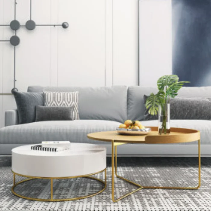 Modern large wooden metal leg white marble living room round storage coffee table set