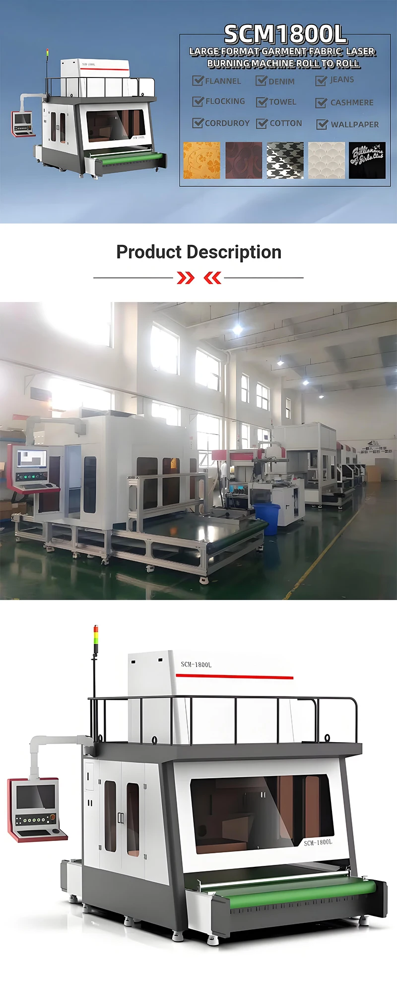 SCM1800L Large Format CO2 Laser Marking Cutting Machine for Mat Fabric Laser Flower Burning New Condition DXF PLT BMP AI