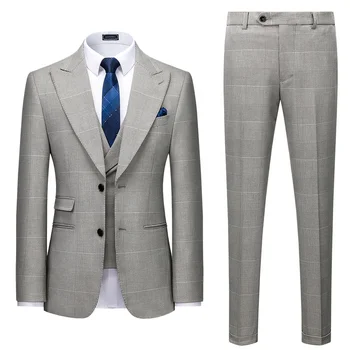 Men Plaid Single Breasted Business 3 Piece Light Grey Formal Wedding Suits 2022
