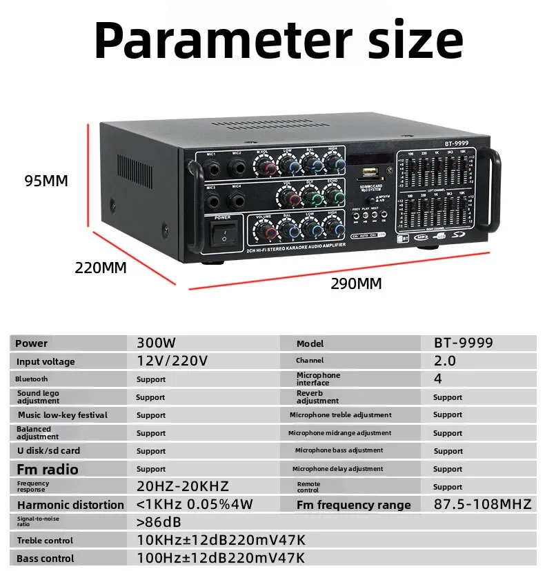 BT-9999 2.0 Channel 300W Home & Car Amplifier High-Power BT Wireless EQ Equalizer Dual-Use 12V/220V Metal Material Receiver