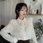 White Casual White Lace Ruffles Pearls Long Sleeve Ladies Tops Women's Blouses Shirts
