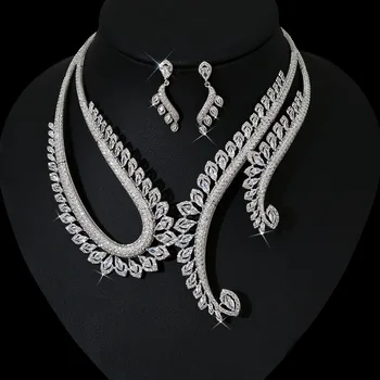 High Quality Women Diamond Necklace Earrings Fashion Rhinestones Luxury Wedding Bridal Jewelry Set
