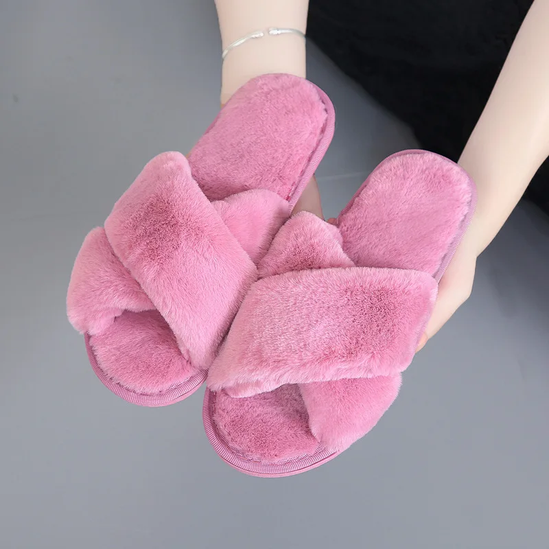 Women Home Soft Cozy Furry Slippers Femmes Peluche Indoor Plush Warm Fur Fluffy Slippers