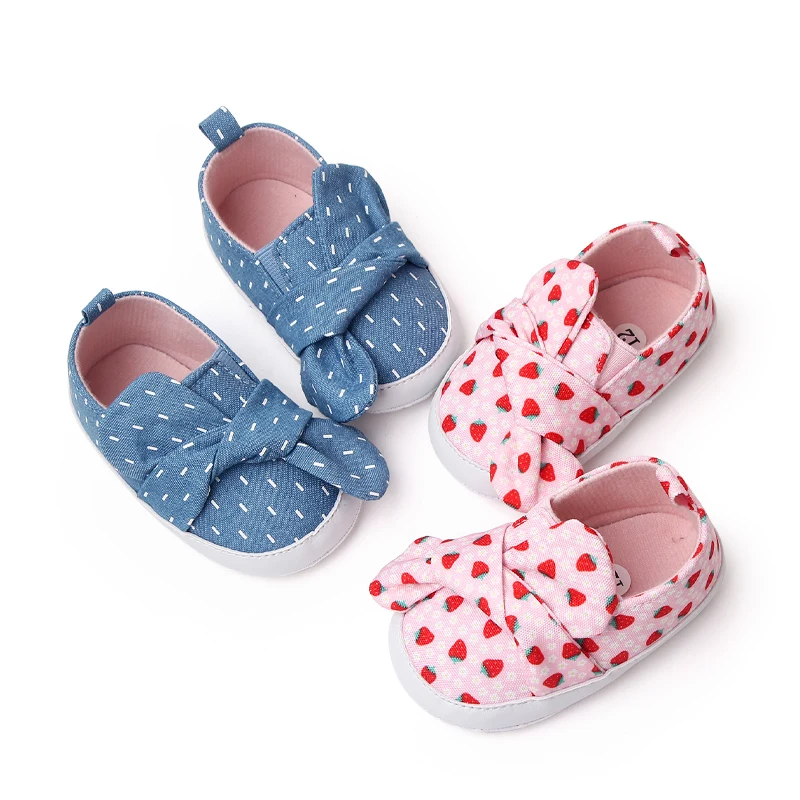 New Bow Striped Strawberry Print Soft Soled Spring and Autumn Toddler Shoes for Baby Girls supplier