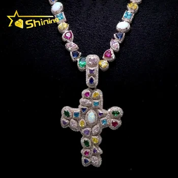 Trendy New Arrivals 2025 Fancy Cut Diamonds Fashion Icd Out Multi-Colored Gemstones Moissanite Hip Hop 3D Cross Pendant Necklace