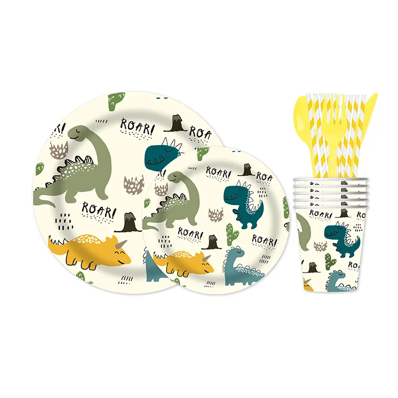 Custom Print Birthday Party Decoration Cartoon Dinosaur Disposable Tableware Paper Plates And Cups Set