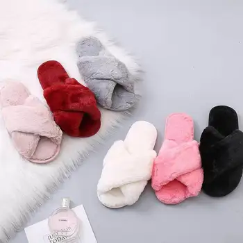 MHY  Winter Home Slippers Shoes Ladies Cross Soft Plush Furry Female Open Toe Slides Women Warm Faux Fur Slippers