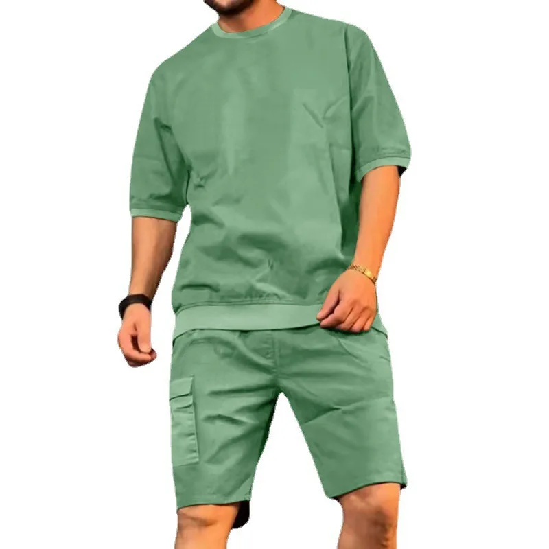 Summer men's cargo sports suit multi bag pants trend casual short sleeve shorts personality suit men