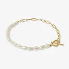 Bracelet Gemnel Natural Freshwater Pearl Half Paperclip Chain T-bar 925 Silver Bracelet