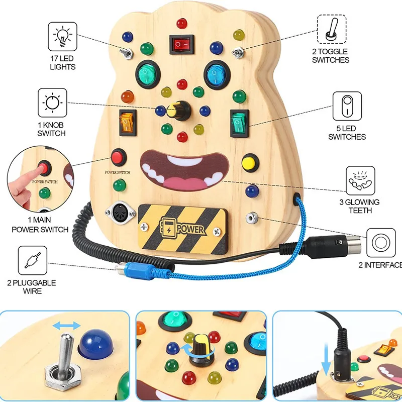 Lernspielzeug für Kinder, elektronischer LED-Knopfschalter, sensorisches Spielzeug, Baby-Beschäftigungsbrett aus Holz, Montessori-Spielzeug für Kleinkinder, Details