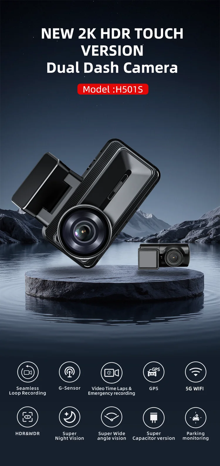 Factory Outlet HDR TOUCH VERSION Dual Lens Wifi Camera 3 Inch IPS LCD Display with 2k+1080P GPS Tracking and Speed for Agent details