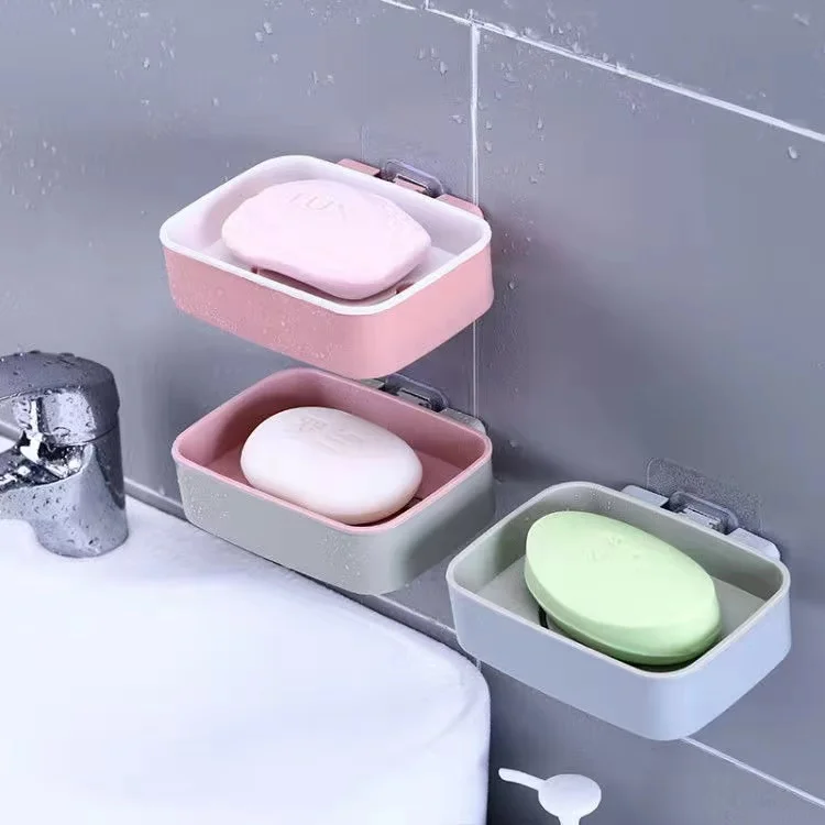 Double Layer Soap Holder Box Wall Mounted Home Daily Punch Free Bathroom Soap Dish Shelf Plastic Soap Box
