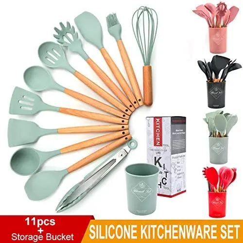 12pcs Colorful Silicone & Wooden Handle Tools Home or Picnic Silicone Custom Kitchen  Home Serving Set Utensil