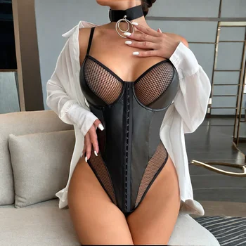 Women's Sexy Fishnet Leather Lingerie One Piece Hot Lenceria Womans Sexy Interior Clothing Mesh Fabric