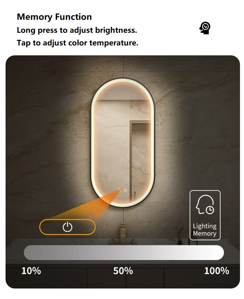 Modern LED Lighted Illuminated Bathroom Mirror IP44 Oval Pattern Glass Wall Defogger for Hotels and Apartments Mirror