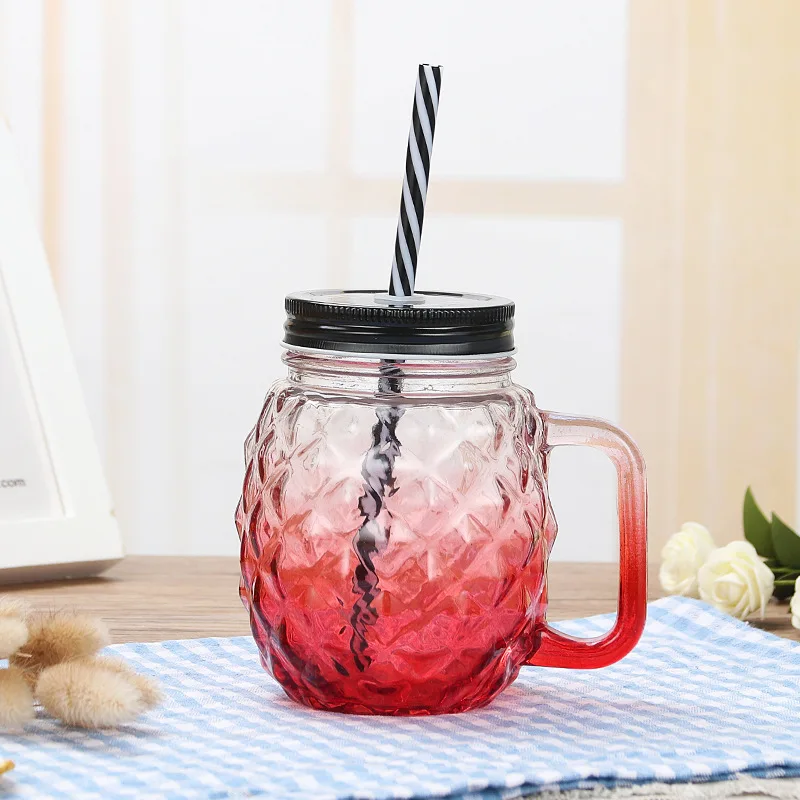 500ml 16oz Pineapple Shaped Glass Drinking Jar Mason Cups With Straw Glass Mason Jar With Handle