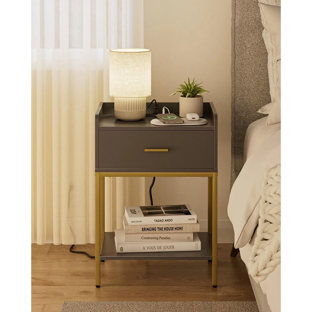 Modern Wood Nightstand Charging Station 3-Tier Storage Drawer Shelf for Bedroom & Living Room Grey factory