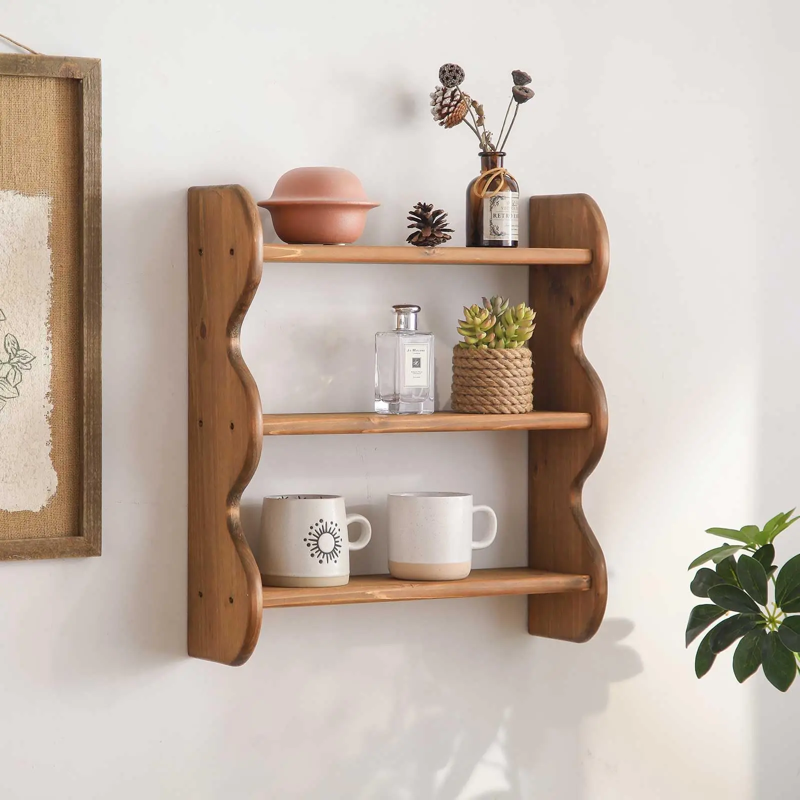 product wood floating wall shelf farmhouse wall mounted storage rack wavy edge display rack 3 tier rustic hanging storage shelf-2