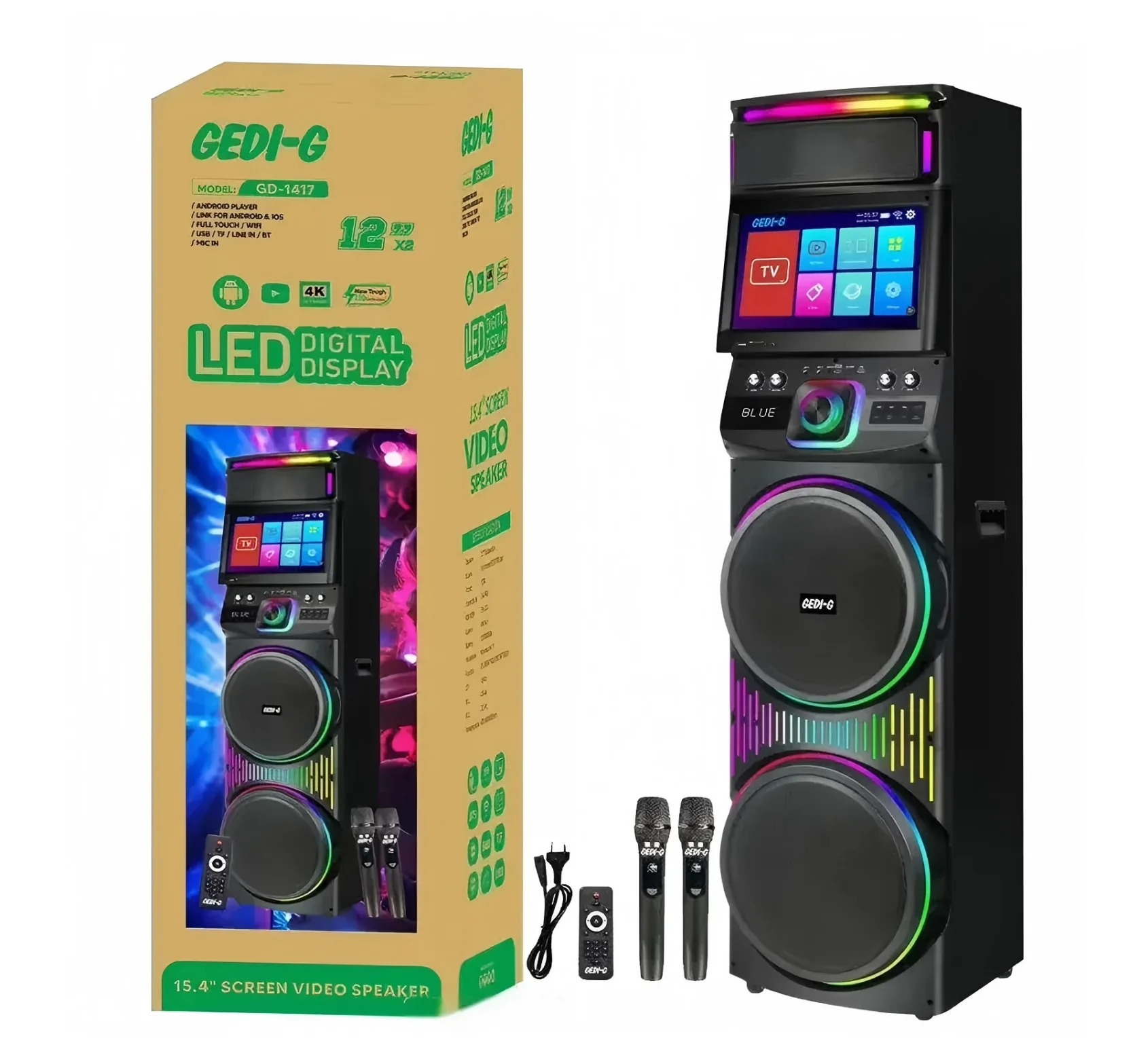 Latest GD-1417 1200W Partybox Speaker with Touch Screen Wifi Connection 15.4'' Screen TV Party Speaker with MIC Karaoke Speaker
