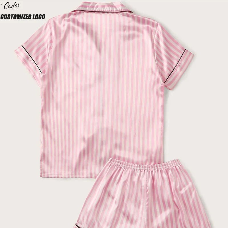 L108-1 Wholesale best seller women stripe printed satin pajamas 2 piece short set with pocket loungewear women's sleepwear