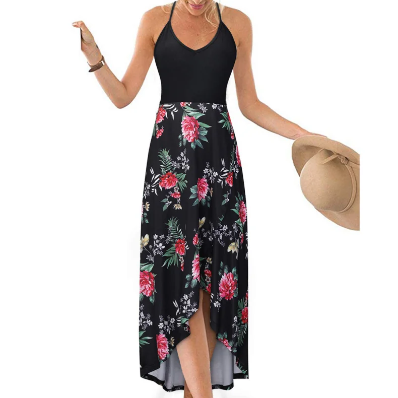Multiple Options Skirts Floral Printed Short front and long back Casual Dress Black Top Summer Maxi Dresses 2021