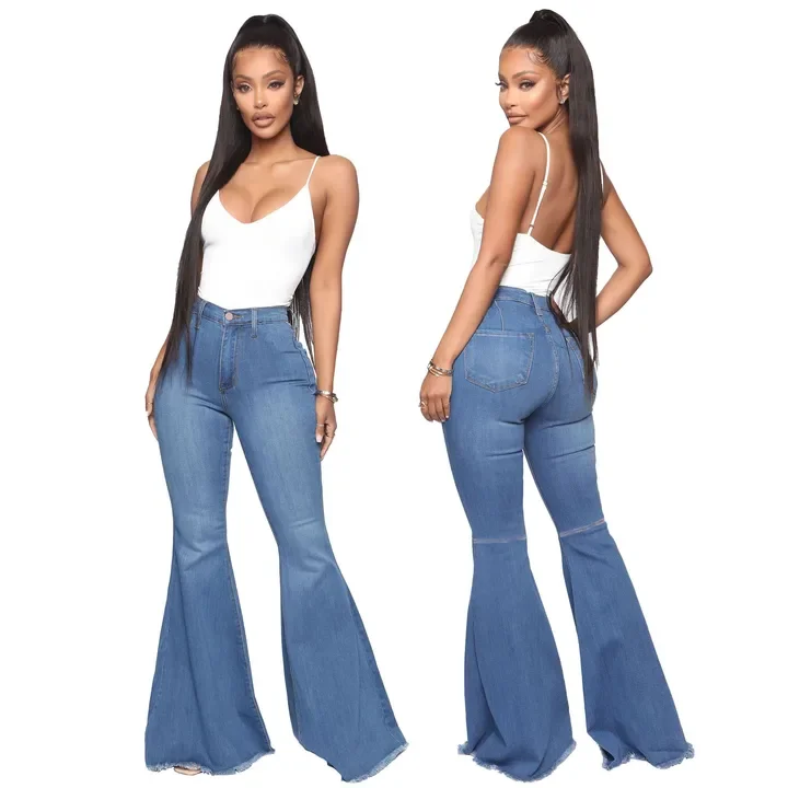 bell-bottom women's high-waisted jeans with classic wide-legged ripped denim pants