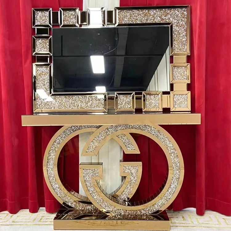 Wholesale Nordic Console Table With Mirror Living Room Furniture Modern Crushed Crystal Diamond Luxury Console Table Set