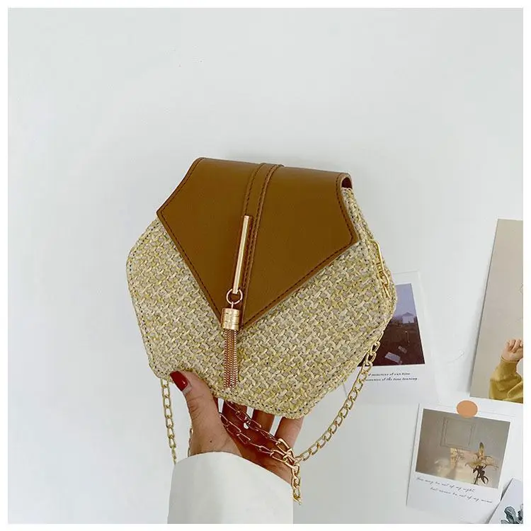 Wholesale Bohemian Handmade Woven Hexagon Straw Rattan Bag  Beach Bag With Tassel