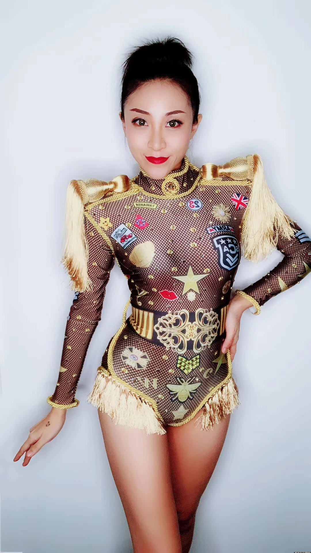 Shiny Rhinestones Tassel Bodysuit Performance Dance Singer Costume Evening Party Nightclub Stage Leotard Cheerleading Outfit