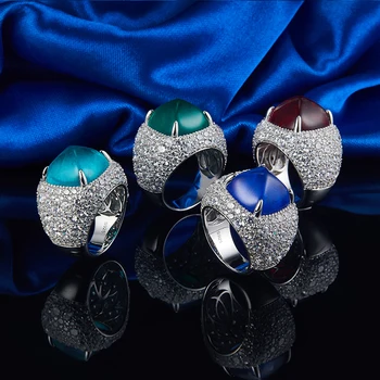 Bling Bling Iced Out Silver Rings Men Emerald Sapphire Ruby Rings Gemstone Large Blue Paraiba 925 Sterling Silver Rings