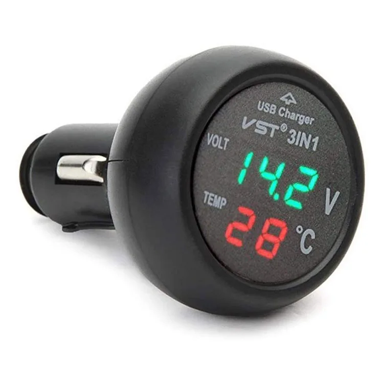 Car Usb Charger 2.1A,Thermometer,Battery Monitor Voltmeter 3in1 12V-24V for car truck boat-Red 